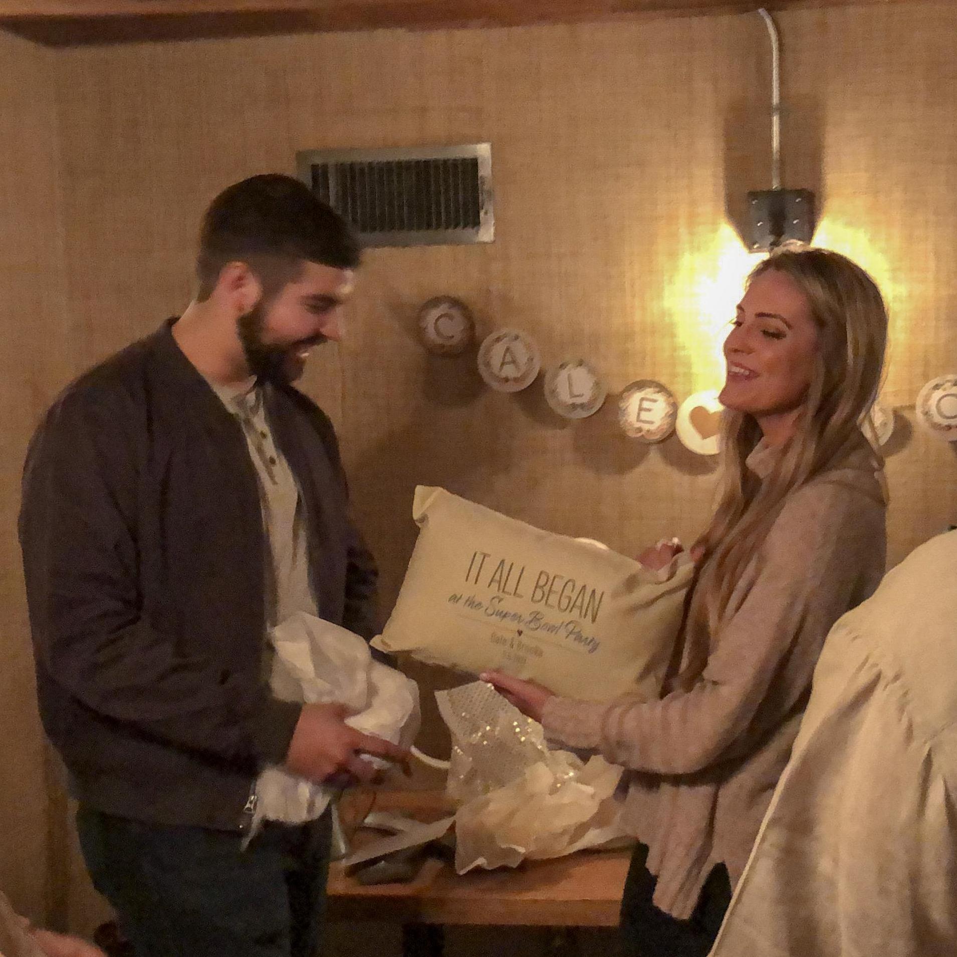 Chuck & Lorna got us a pillow that says "It all began at the Super Bowl Party"