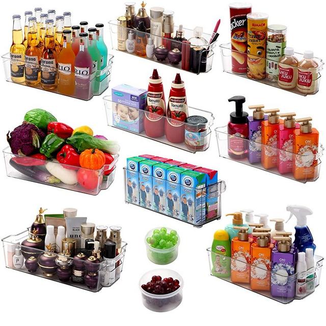 Cadriy Set Of 11 Refrigerator Organizer Bins - 4 Large and 5 Small Stackable Fridge Organizers for Freezer, Kitchen, Countertops, Cabinets - Clear Plastic Pantry Storage Rack