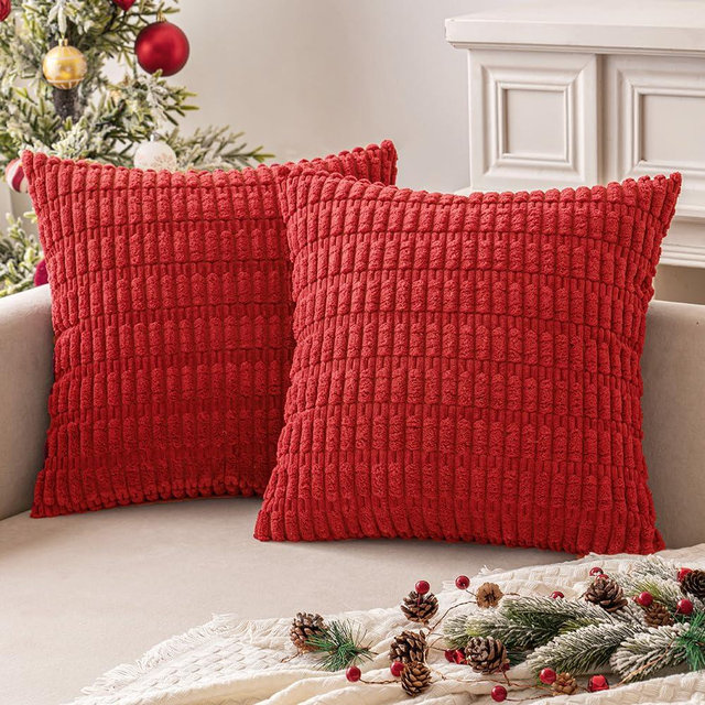 MIULEE Pack of 2 Christmas Red Corduroy Decorative Throw Pillow Covers 18x18 Inch Soft Boho Striped Pillow Covers Modern Farmhouse Home Decor for Sofa Living Room Couch Bed