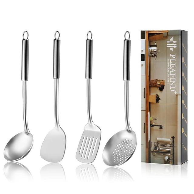 Pleafind 4-Pcs Cooking Utensils Set, 304 Stainless Steel Kitchen Utensils, Wok Utensils Set Include Wok Ladle, Slotted Spoon, Wok Spatula and Slotted Spatula, Dishwasher Safe