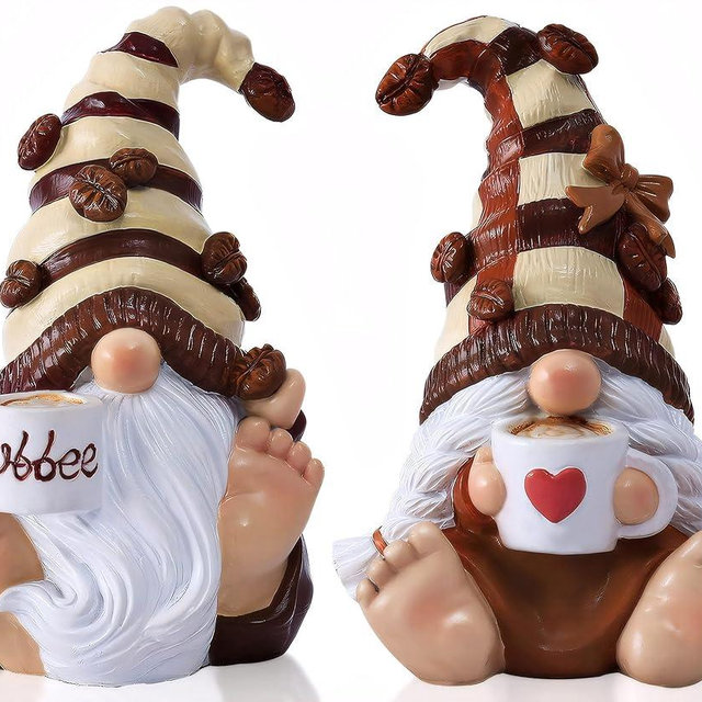 2PCS Coffee Gnomes Figurines Home Christmas Decoration Fall Gnomes Coffee Bar Accessories Decor Elfs Statue Cute Resin Housewarming Gifts for Women Tiered Tray Table Ornament,Sit 4.7H