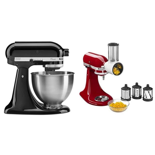 KitchenAid KITCH K45SSOB Mixer 4.5, 250watts, Onyx Black & Fresh Prep Slicer/Shredder Attachment, White