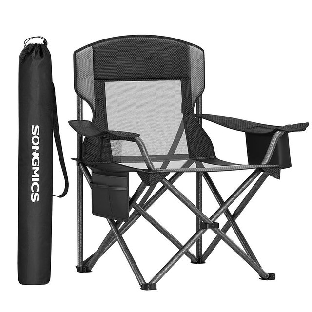 SONGMICS Camping Chair, Outdoor Folding Chair, Adjustable Armrests with Cup Holder, Cooler Bag, Storage Bag, 352 lb Weight Capacity, Breathable Nylon Mesh, for Sports Games, Ink Black UGCB060B01