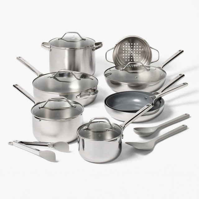 16pc Stainless Steel Cookware Set with Nonstick Ceramic Coated Frying Pans - Figmint™