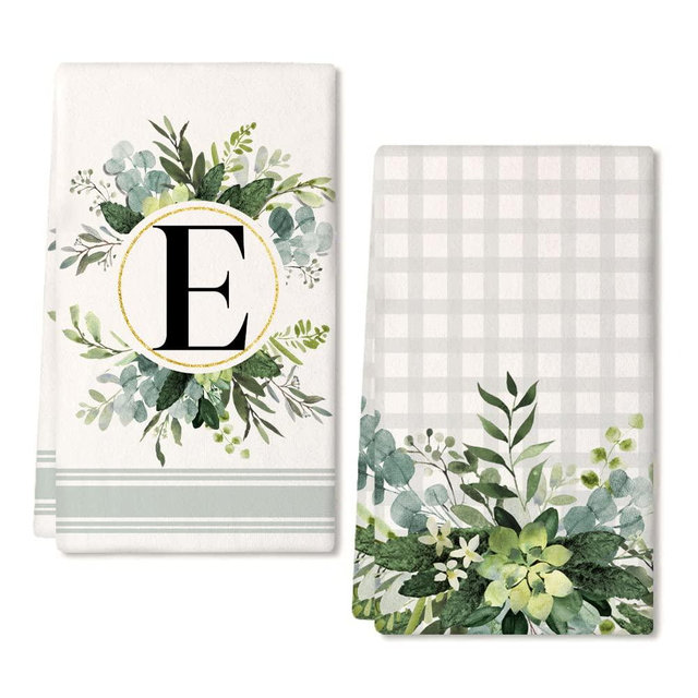 GEEORY Monogram Letter E Kitchen Towels for Home Decor Eucalyptus Leaves Family Last Name Initial Dish Towels 18x26 Inch Ultra Absorbent Bar Drying Cloth Hand Towel Bathroom Decorations Set of 2