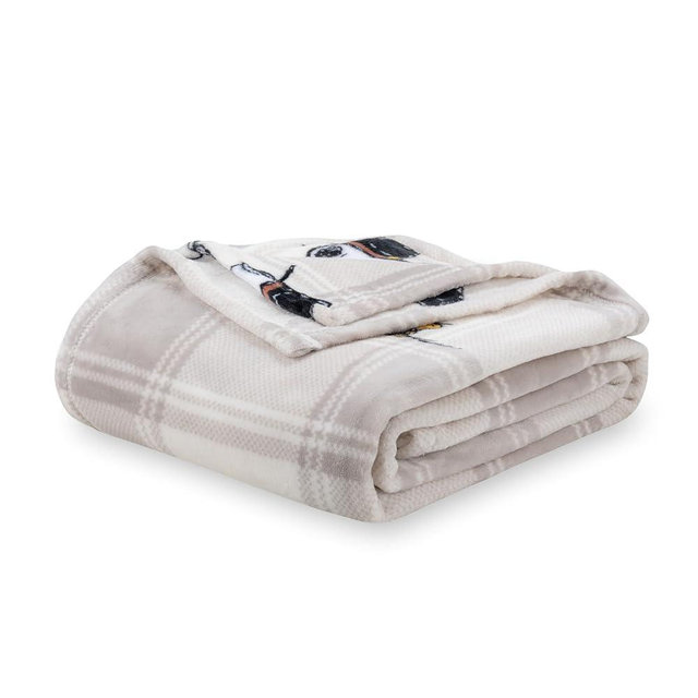 Berkshire Blanket Peanuts® VelvetLoft® Cute Character Snoopy Plush Blanket,Lakeside Plaid Harvest Snoopy and Woodstock Grey,King 90 in x 108 in (Official Peanuts® Product)