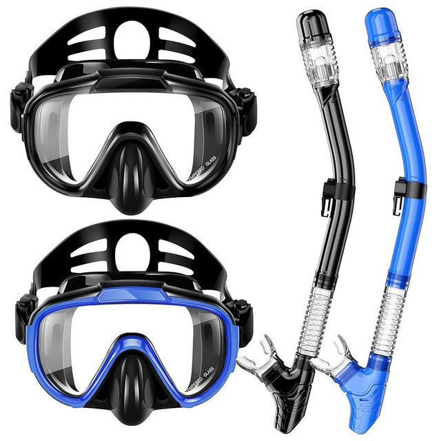 Snorkeling Gear for Adults, Dry Top Snorkel Set with Panoramic Anti-Leak and Anti-Fog Tempered Glass Lens, Adjustable Snorkeling Set for Scuba Diving Swimming Training Snorkel Kit