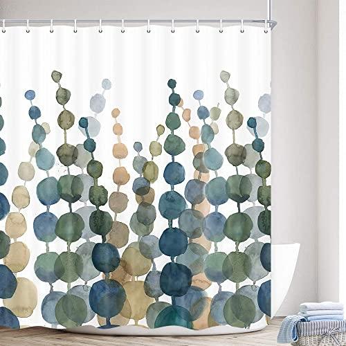 Teal Watercolor Blue Green Leaves Shower Curtain,Modern Farmhouse Floral Art Bath Curtain,Simple Style Waterproof Fabric Plant Bathroom Decor Set with Hooks, (69X70in)