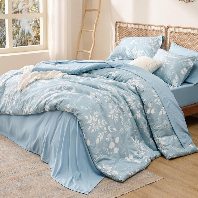 Bedsure Sky Blue King Comforter Set - 7 Pieces Floral Bedding Sets, King Bed in a Bag with Reversible Botanical Flowers Comforter, Sheets, Pillowcases & Shams