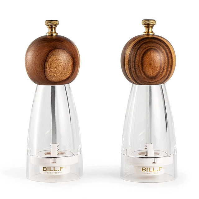 Wood Salt and Pepper Grinders Refillable Set of 2 - Refillable Acrylic Salt Shaker or Pepper Shaker Two 5 oz Salt - Pepper Mill or Salt Mill - Spice Grinder - Easy Clean Ceramic Grinders