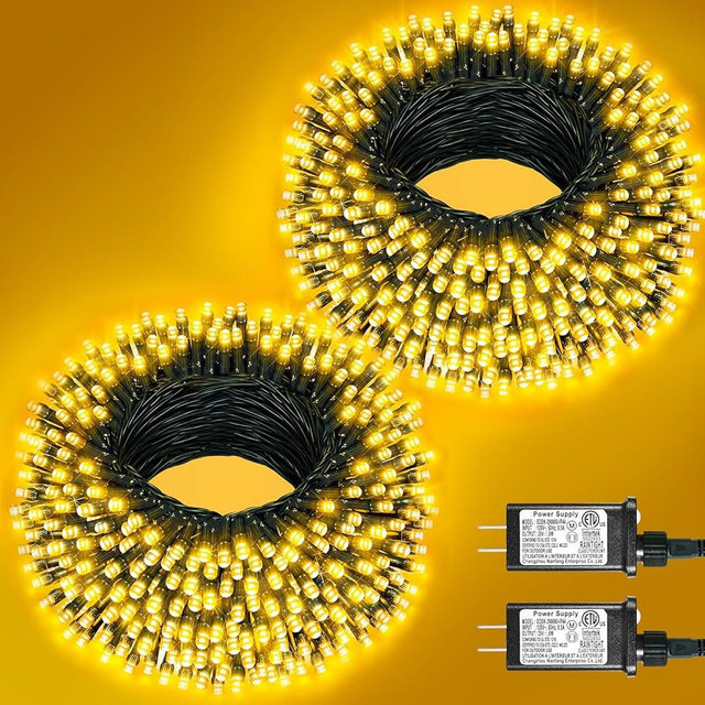 Nielfoi 2 Pack Christmas Lights Outdoor, Total 200FT 600LED Christmas Tree Lights with 8 Modes Waterproof, Warm White String Twinkle Lights Green Wire for Indoor Patio Garden Xmas Holiday Decorations