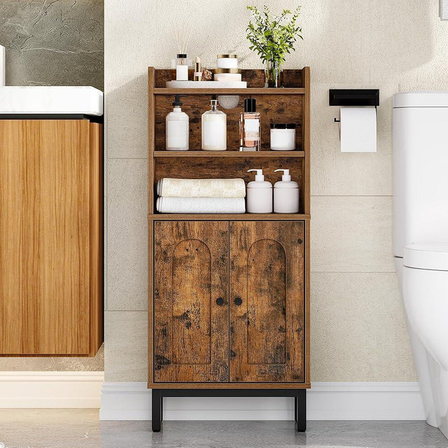 Hzuaneri Bathroom Storage Cabinet, Small Floor Cabinet with 2 Door and Shelves, Toilet Paper Cabinets, Bathroom Organizer with Adjustable Shelf, for Small Spaces Rustic Brown 7.1"D x 14.6"W x 32.7"H