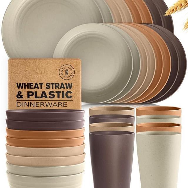 Teivio 32-Piece Kitchen Plastic Wheat Straw Dinnerware Set, Service for 8, Dinner Plates, Dessert Plate, Cereal Bowls, Cups, Unbreakable Colorful Plastic Outdoor Camping Dishes, Desert