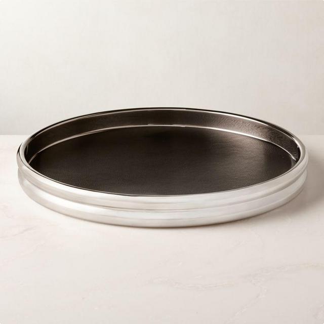 Bracco Round Stainless Steel and Black Leather Serving Tray