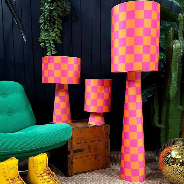 Velvet Checkerboard Portable lamps in Pink & Orange Tutti Frutti. 3 Sizes available with Optional Rechargeable LED Bulb.