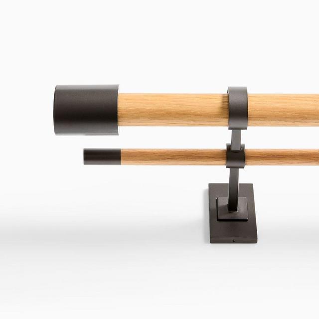 Mid-Century Curtain Rod, Double Rod Oak/Antique Bronze, 28"-48"