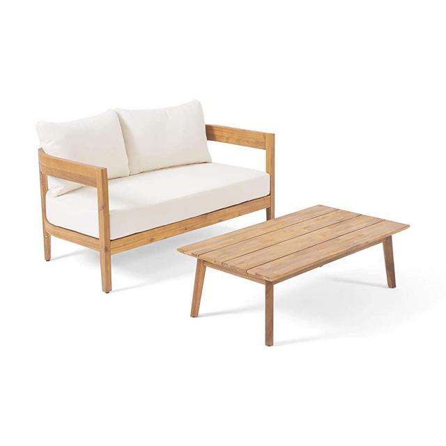 Christopher Knight Home 312396 Alina Outdoor Loveseat Set with Coffee Table, Teak Finish, Beige