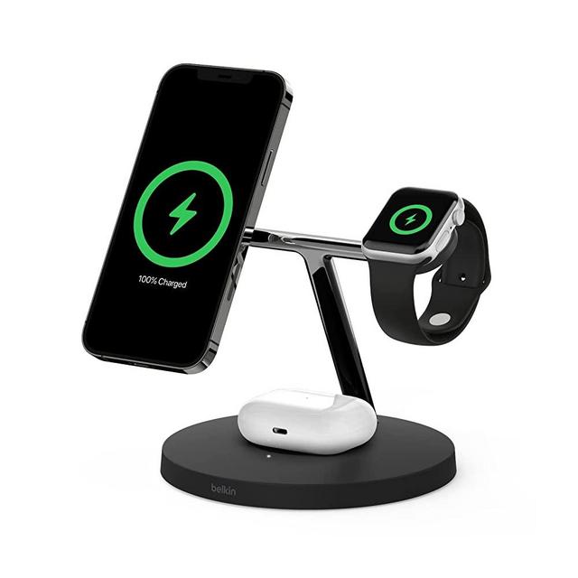 Belkin MagSafe 3-in-1 Wireless Charger, 15W iPhone Fast Charging, Apple Watch Fast Charging, AirPods Charging Station for iPhone 13, 12, Pro, Pro Max, Mini, AppleWatch Series 7,6,5,4,SE AirPods Black