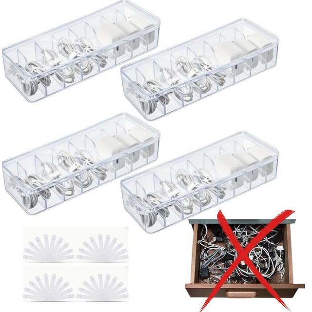 4-Pack Clear Cable Management Boxes with 40 Silicone Ties - Durable Cord Organizer Storage Solution for Desk Accessories, Electronics, Cosmetics, Jewelry - Versatile Home & Office Organization Kit