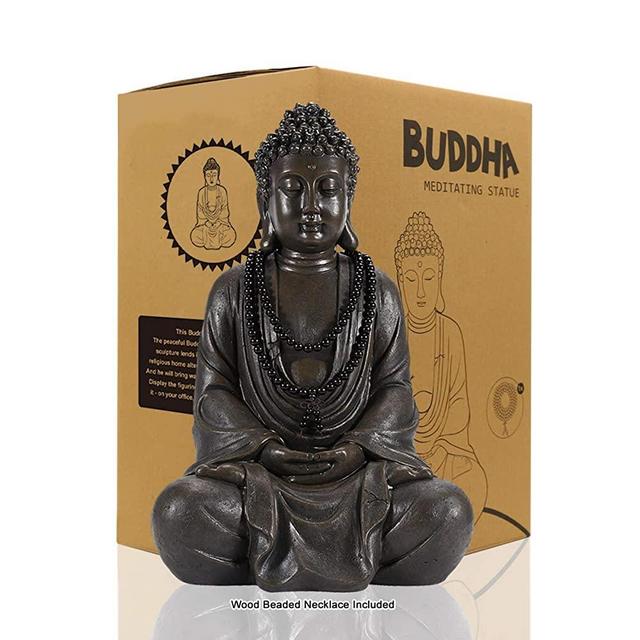 Meditating Zen Buddha Statue Figurine Sculpture - Indoor/Outdoor Decor for Home, Garden,with Natural Wood Beaded Necklace, Polyresin, Antique Bronze Look(11.4 inch)