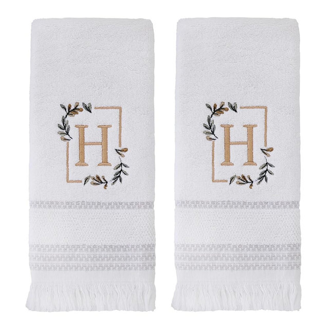 SKL Home Everyday Monogram H 100% Cotton Embroidered 2-Piecc Hand Towel Set, 600 GSM, Soft, Absorbent & Decorative for Bath/Kitchen/Bar & Gift, White