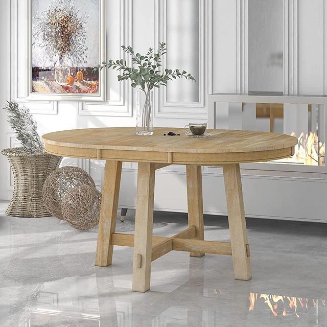 Farmhouse Round Extendable Dining Table with 16" Leaf Wood Kitchen Table