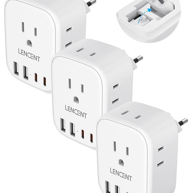 LENCENT 3 Pack European Travel Plug Adapter,US to Europe Type-C Foldable Power Plug with 4 Outlets 4 USB Ports (2 USB C), International Power Adapter for USA to EU Euro Iceland Spain Italy France