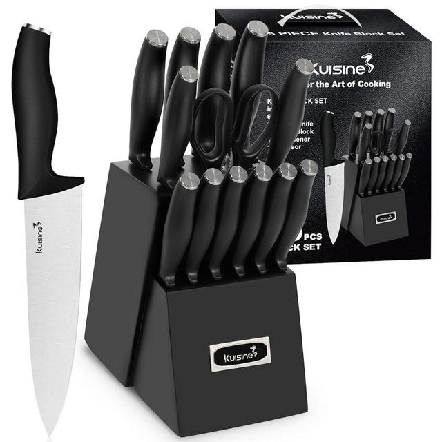 Kuisine Chef Knife Set,High Carbon Stainless Steel Razor-Sharp Blade Ergonomic Handle,Kitchen Knife Block Set with Built-in Sharpener,Elegant Gift for Holiday(Black,15PCS)