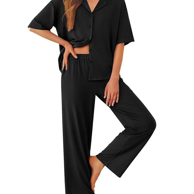 Ekouaer Women Pajamas Set Button Down Sleepwear Short Sleeve Pjs Soft Comfy Nightwear with Long Pants S-XXL