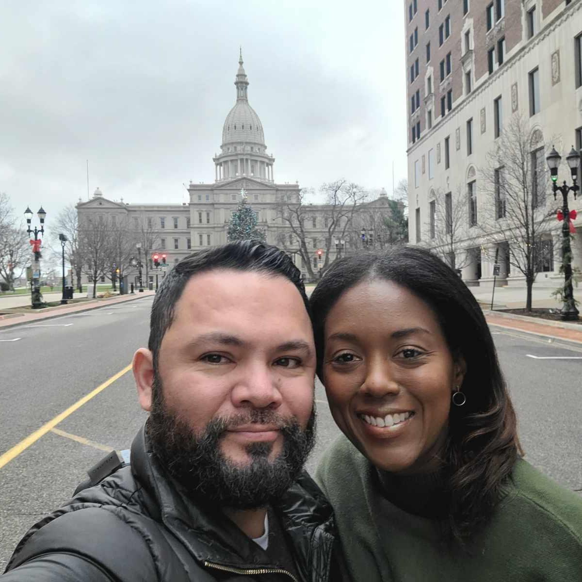 Rene’s first trip to Lansing, MI to visit David’s family. Near the capitol, downtown Lansing.