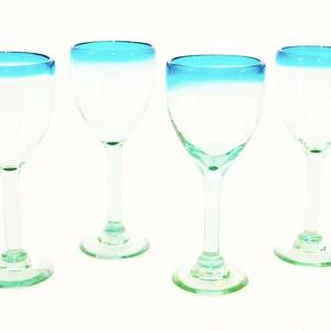 Set of 4, Handmade Mexican Aqua Rimmed Wine Glasses-12 Ounces