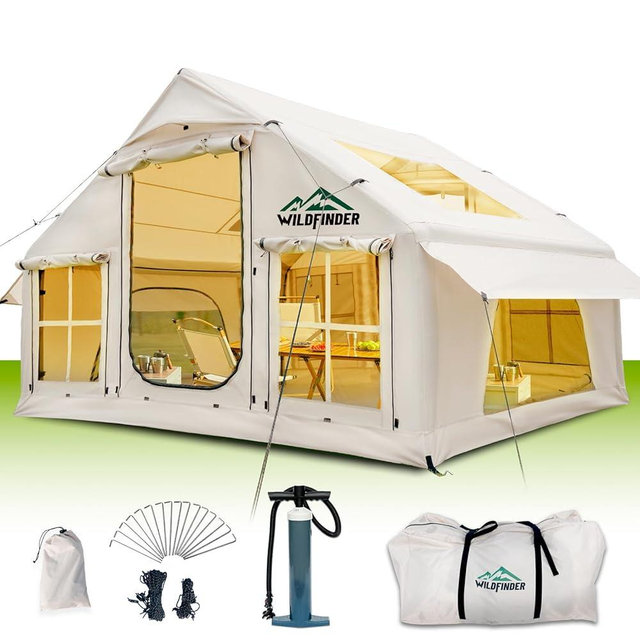 Inflatable Tent with Skylight, Quick Setup Blow Up Tents with Pump, Hot Tent with Stove Jack, Waterproof Oxford Inflatable House for Camping, Air Glamping Tents for Camping Adult 4-6 Person