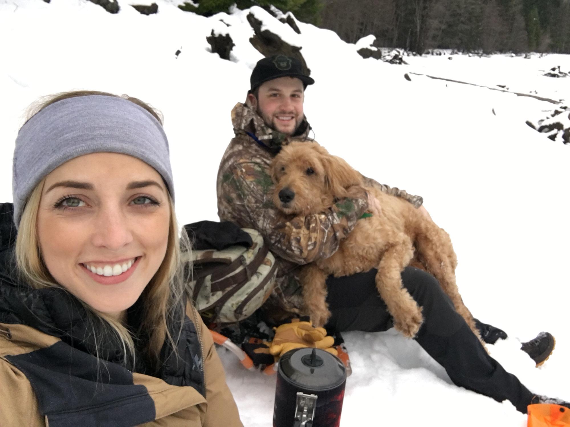 Snowshoeing with our dog Gordon.