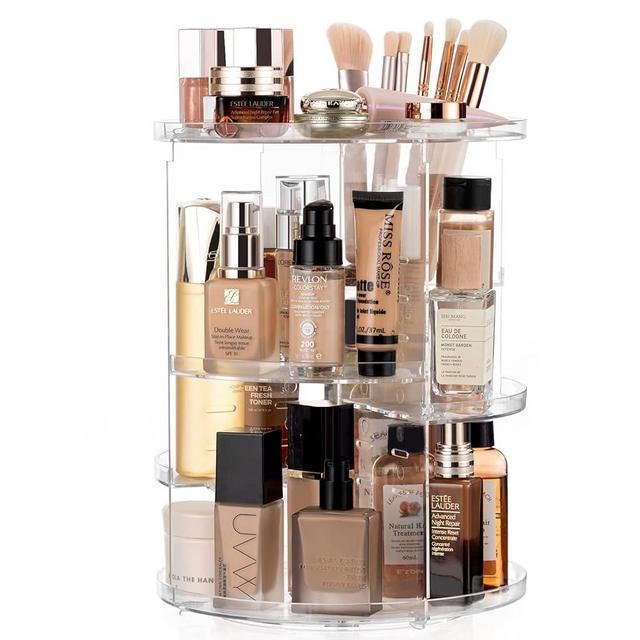 Vorey 360 Rotating Makeup Organizer, Large Capacity DIY Adjustable Cosmetic Display Organizer, Spinning Perfume Skin Care Organizer for Vanity Countertop, Clear
