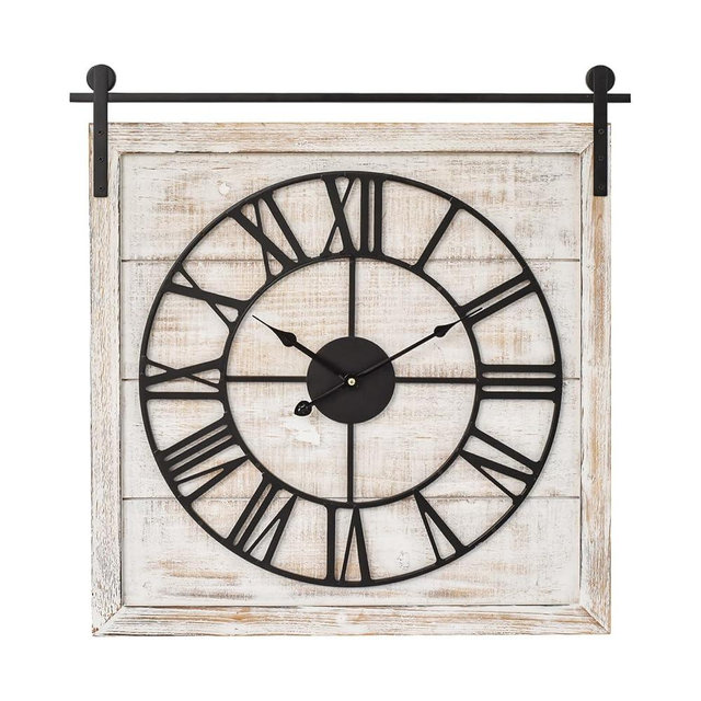 Barn Door Clock – Charming Wash White Wood Color Wall Clock – Rustic Large Farmhouse Clock Perfect for Home Decoration, Wall Decoration, and Farmhouse Décor Wooden Wall Clock 23.6 * 1.6 * 24 in