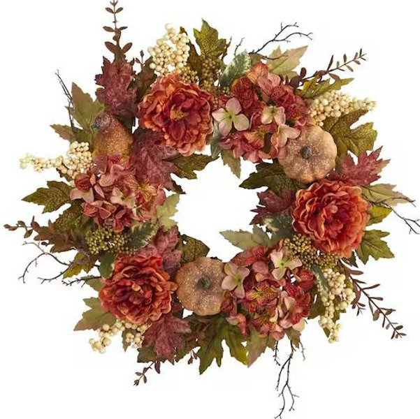 Nearly Natural 24 in. Fall Peony, Hydrangea and Pumpkin Artificial Wreath 4657