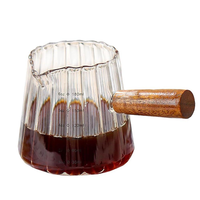 Wooden Handle Coffee Cup with Scale, Espresso Accessories Double Scale Glass Measuring Cup Milk Frother Glass Cup V-Shaped Espresso Cup