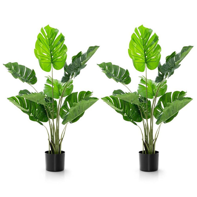 Goplus Artificial Monstera Deliciosa Plant, 4ft Tall Fake Tropical Palm Tree w/10 Pcs Different Turtle Leaves, Cement-Filled Plastic Pot, Faux Swiss Cheese Plant for Floor Home Office Decor, 2 Pack