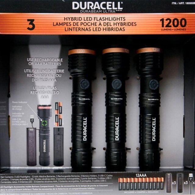 DURACELL Durabeam Ultra Hybrid LED Flashlights, 1200 Lumens, Set of 3, with Rechargeable and AAA Alkaline Batteries