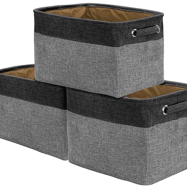 Sorbus Storage Large Basket Set [3-Pack] - 15 L x 11 W x 9 H, Big Rectangular Fabric Collapsible Organizer Bin Box with Carry Handles for Linens, Towels, Toys, Clothes, Kids Room, Nursery (Black/Grey)