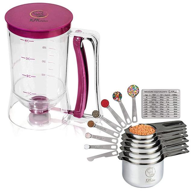 KPKitchen Pancake & Cupcake Batter Dispenser and Stainless Steel Measuring Cups and Spoons Set of 14 - Perfect for Waffles, Cakes, Crepes or Any Baked Goods - 7 Cup and 7 Spoon Metal Measure Sets