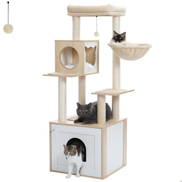 MIOMUM Tall Cat Tree with Litter Box Enclosure 56.7" Wooden Cat Tower for Large Cats with Cat Hammock House Bed (Wood Beige)