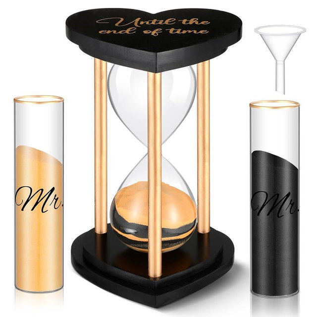Anglechic Unity Sand for Wedding Ceremony Set Include Wooden Unity Hour Glass 2 Vase 2 Bag Sand 1 Funnel for Wedding Engagement Anniversary Table Decorations (Black Gold,Retro)