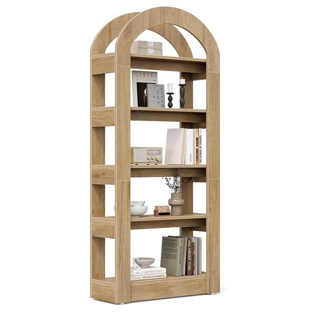 LITTLE TREE 5-Tier Bookshelf, Arch-Shaped Racks, Tall Standing Wooden Bookcase Display Shelf Modern Storage Solution