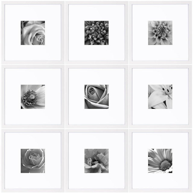 eletecpro 18x18 Picture Frames Set of 9, Classic Gallery Wall Frame Set for 8x8 Photos with Mat or 18x18 without Mat, Storyline Picture Frame for Art Prints, White Poster Frames for Home Decor Wall