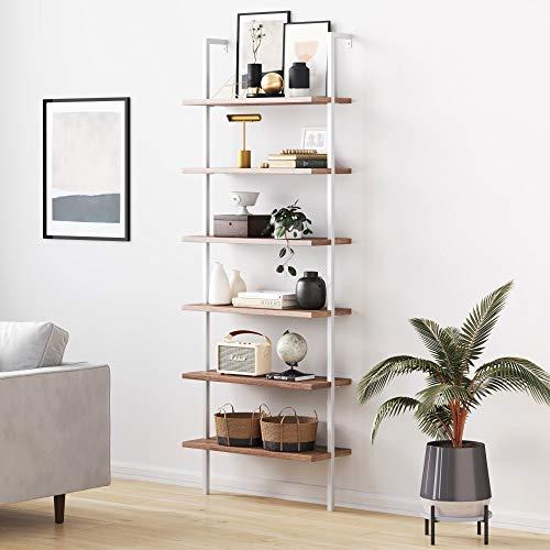 Nathan James Theo 6-Shelf Tall Bookcase, Wall Mount Bookshelf with Natural Wood Finish and Industrial Metal Frame, Rustic Oak/White, 6-Tier