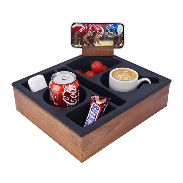 Couch Cup Holder Tray, Hitseon Silicone Acacia Wooden Couch Caddy with Cup Holder for Bed Car Beach, Drink Holder for Couch with Upgrade Removable 360° Rotating Holder Black