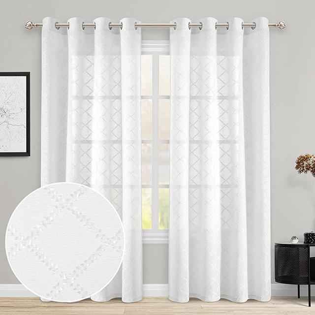 HOMEIDEAS Diamond Sheer Curtains Faux Linen White Voile Semi Sheer Curtains for Bedroom 52 X 84 inch Long Grommet Top Lattice Embroidery Window Curtains 2 Panels Set