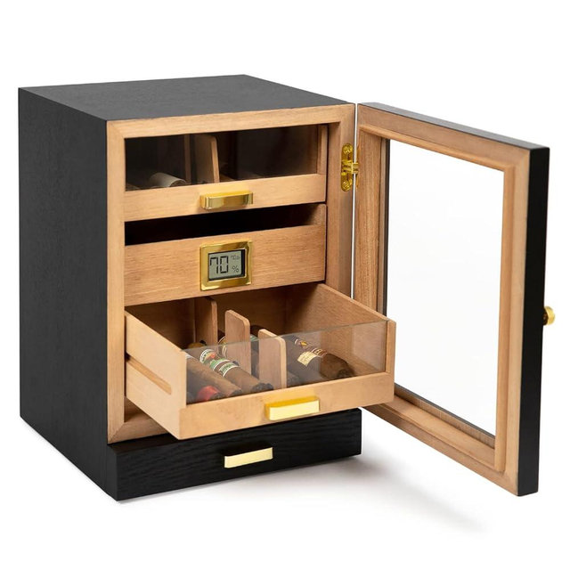 CASE ELEGANCE Luca Cabinet Humidor with Thick Cedar, Easy humidification System, Accurate Digital Hygrometer - Black