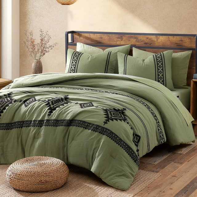 MaiRêve Embroidery Queen Size Comforter Sets, Light Olive Green Western Bedding Set Boho 7 Pieces, All Season Farmhouse Bed in A Bag Comforter Set with Sheets, Pillowcases & Shams